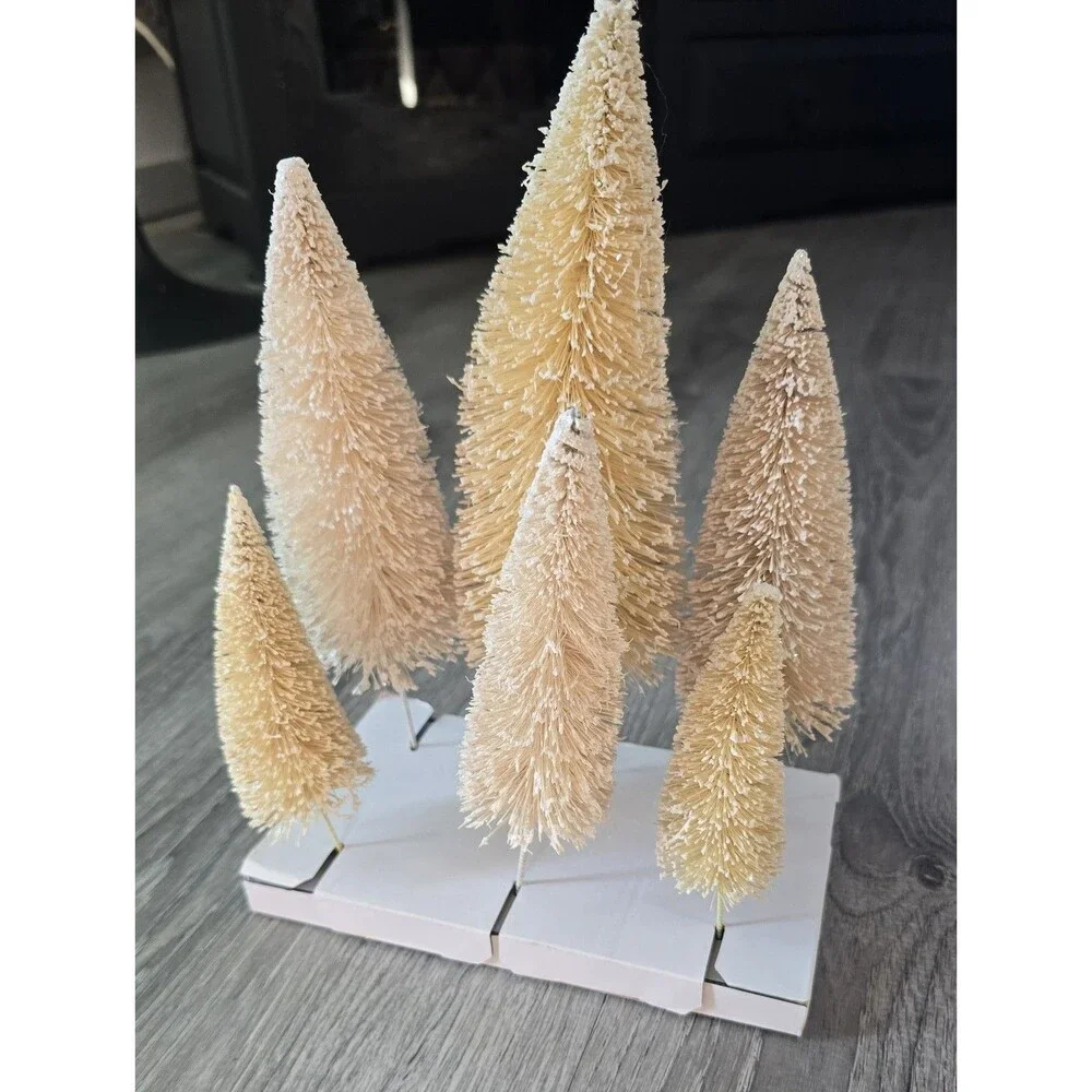 Set of 6 Cream Bottle Brush Flocked Christmas Trees Village NEW